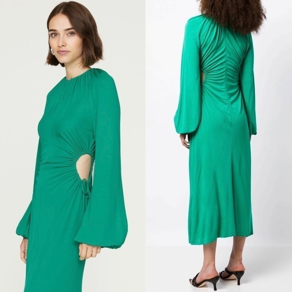 REBECCA VALLANCE 70s Ruched Tie Waist Cutout Long Bell Sleeve Disco Midi Dress 8 - Picture 6 of 15